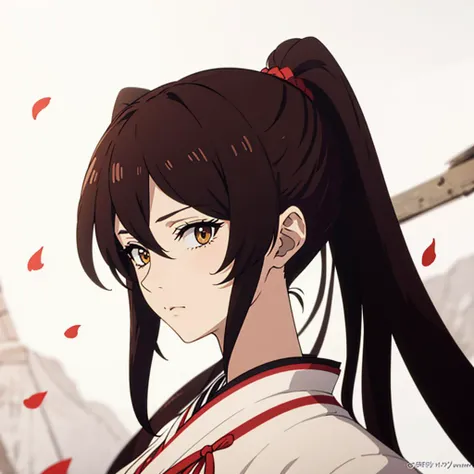 (masterpiece, best quality, ultra-detailed, best shadow), hyper detail, best illumination, anime woman, 8K, long hair, shiny hair,(hair flaps), brown eyes, brown hair, shaded face, full body, sagiri, 1girl, sad, looking at the frame, looks at the viewer, kimono, white robe, sakura petals, forest background, katana, (portrait:1.4) <lora:SagiriYamada_coffee:1>