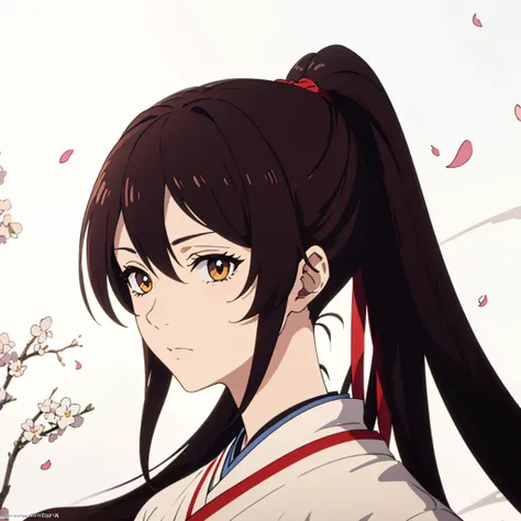 (masterpiece, best quality, ultra-detailed, best shadow), hyper detail, best illumination, anime woman, 8K, long hair, shiny hair,(hair flaps), brown eyes, brown hair, shaded face, full body, sagiri, 1girl, sad, looking at the frame, looks at the viewer, kimono, white robe, sakura petals, forest background, katana, (portrait:1.4) <lora:SagiriYamada_coffee:1>