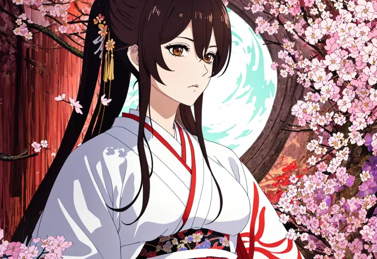 (masterpiece, top quality, best quality, official art, beautiful and aesthetic:1.2), (1girl), extreme detailed,(fractal art:1.3),colorful,highest detailed, sakura leaves fragments, flowers fragments,colorful flowers, visual chaos,contemporary aesthetics, long hair,shiny hair,hair flaps,brown eyes,brown_hair, sagiri, (((white kimono))), <lora:SagiriYamada_coffee:1>, surrounded by colorful flowers, moon