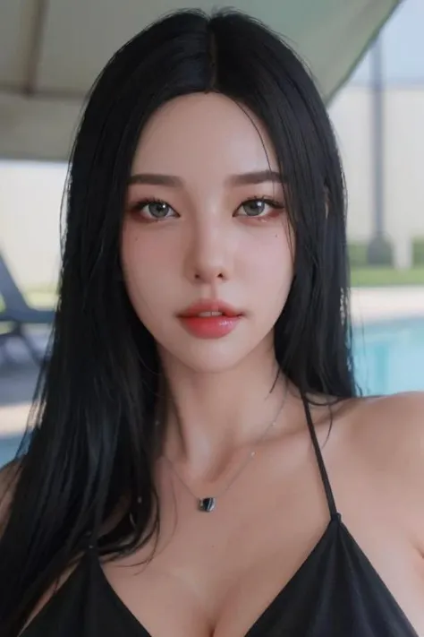 ((best quality)),absurdres,(ultra high res),(photorealistic:1.6), octane render,(hyperrealistic:1.2), (photorealistic face:1.2), mature woman, modeling, perfect face, naughty face, micro bikini, huge breasts, necklace, long hair, in pool, (full body:1.3), (realistic:1.7), (8k), (Masterpiece), (realistic skin texture), (soft lighting),(black eyes), <lora:dongeurann:0.85>