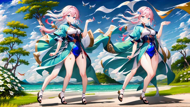 (masterpiece,newest,exceptional:1.2),full body,An illustration with the best quality and an extremely detailed CG unity 8k wallpaper. The image is in the Chinese style, The background features Rayleigh scattering and a beautiful summer blue sky with clouds and sea. The main subject is a Chinese girl in a blue-white Taoist robe, standing in a Chinese atrium. She has a white ribbon and a pink flower in her hair, silver hair styled in a braid, and a detailed, beautiful face with light blue eyes.