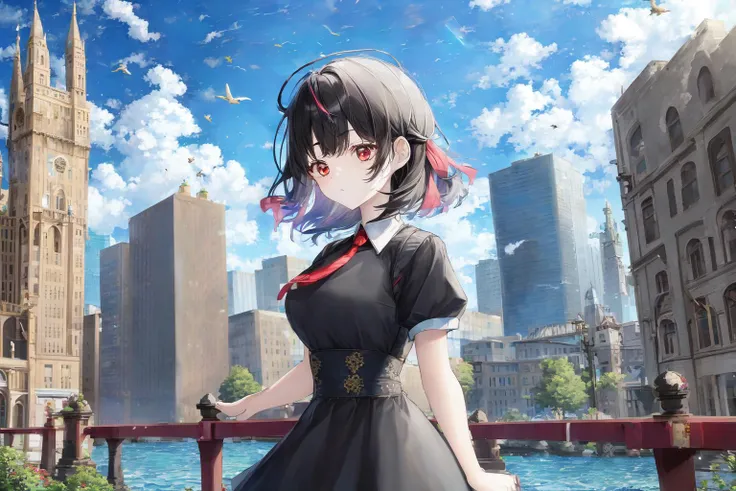 (masterpiece,newest,exceptional:1.2),1girl,bangs,black_hair,blue_sky,bridge,building,castle,city,cityscape,cloud,day,dress,looking_at_viewer,outdoors,red_neckwear,red_ribbon,ribbon,river,short_hair,short_sleeves,sky,skyscraper,solo,standing,town,water