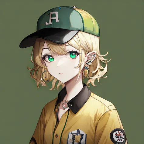 (masterpiece,newest,exceptional:1.2),1girl, aqua eyes, baseball cap, blonde hair, closed mouth, earrings, green background, hat, hoop earrings, jewelry, looking at viewer, shirt, short hair, simple background, solo, upper body, yellow shirt,