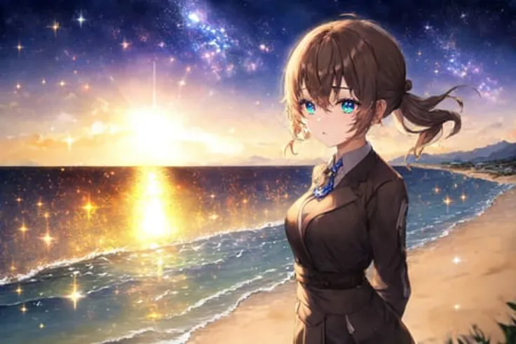 (masterpiece,newest,exceptional:1.2),1 girl,featuring gradient eyes, set the scene outdoors on a coast, with a detailed depiction of the water and a beautiful sunset with a gradient sky and horizon, Include lens flare and light glare to add realism, for an extra touch, depict a night sky filled with glittering stars and a stunning nebula