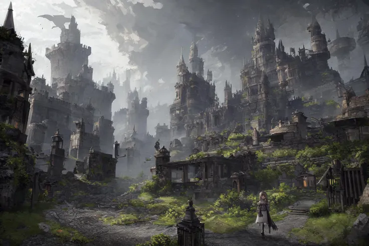 (masterpiece,newest,exceptional:1.2),1girl,depicts a world that has been ravaged by magic, Please use the image generation AI to create an image that is dark and foreboding, and includes elements such as ruined castles, abandoned cities, or other signs of devastation, The image should have a high resolution, so that it can be used as a desktop background