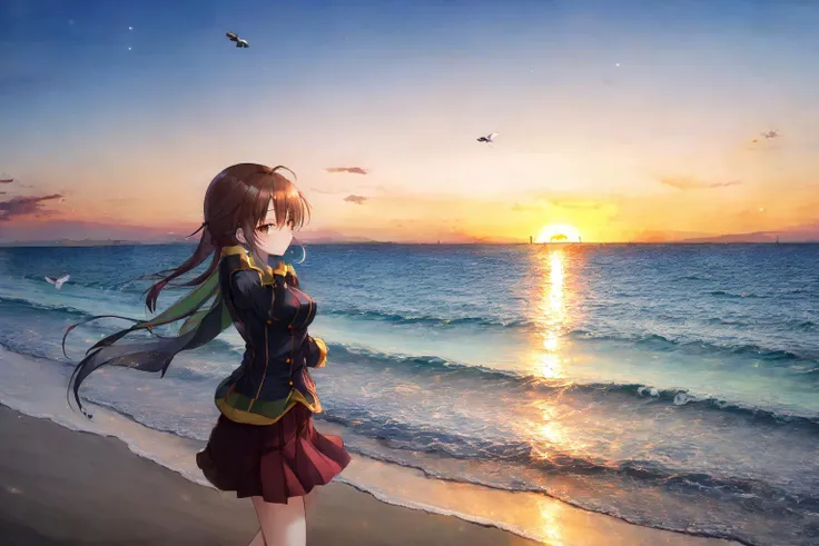 (anime,masterpiece,newest,exceptional:1.2),1 girl,set the scene outdoors on a coast, with a detailed depiction of the water and a beautiful sunset with a gradient sky and horizon
