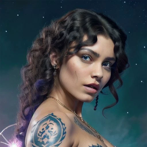 beautiful lady, curly, face tattoo, ornaments, jewellery, hulk , sexy, sunrise3d, adorable,astrophotography, centered, symmetry, painted, intricate, volumetric lighting, beautiful, rich deep colors masterpiece, sharp focus, ultra detailed, apocalypse background, machete ,blue iris, perfect face,