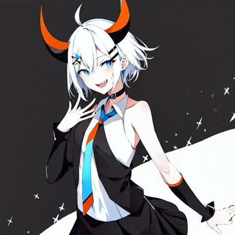 levi elipha,solo,1girl,<lora:levi elipha:0.8>,1girl, horns, virtual youtuber, solo, sharp teeth, teeth, necktie, hair ornament, open mouth, short hair, looking at viewer, smile, choker, blush, orange necktie, grey eyes, shirt, hairclip, grey hair, blue eyes, white hair, bare shoulders, collared shirt, black choker,full body