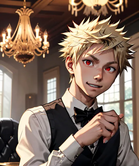 light, bakugou katsuki, collared shirt, blurry, black vest, bokeh, chandelier, red eyes, smile, male focus, vest, 1boy, bow, sleeves rolled up, black bow, white shirt, roulette, spiked hair, blonde hair, shirt, depth of field, black bowtie, table, bowtie, necktie, roulette table  <lora:lora:0.8> Red eyes , Short hair