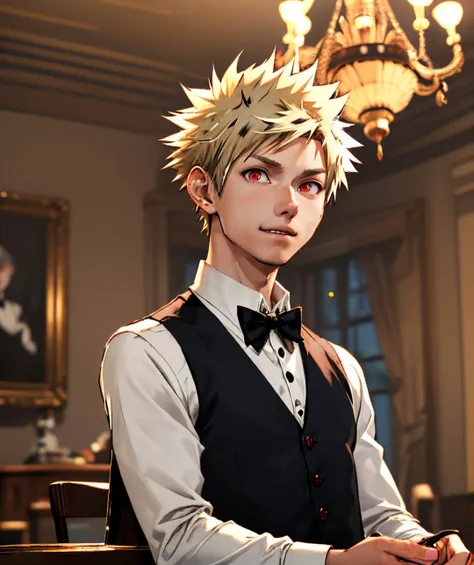 light, bakugou katsuki, collared shirt, blurry, black vest, bokeh, chandelier, red eyes, smile, male focus, vest, 1boy, bow, sleeves rolled up, black bow, white shirt, roulette, spiked hair, blonde hair, shirt, depth of field, black bowtie, table, bowtie, necktie, roulette table  <lora:lora:0.8> Red eyes , Short hair