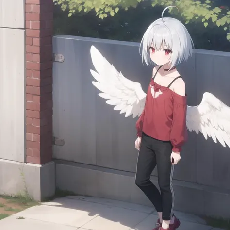 tny-fitoria, (casual clothes), silver hair, ahoge, triple ahoge, red eyes, short hair, white wings, small breasts, collarbone, full body, solo, 1girl, outdoors <lora:tny-fitoria-000003:0.5>