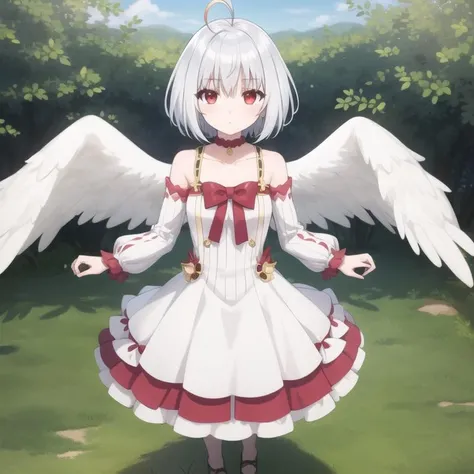 tny-fitoria, white dress, silver hair, ahoge, triple ahoge, red eyes, short hair, white wings, small breasts, collarbone, full body, solo, 1girl, outdoors <lora:tny-fitoria-000003:0.5>
