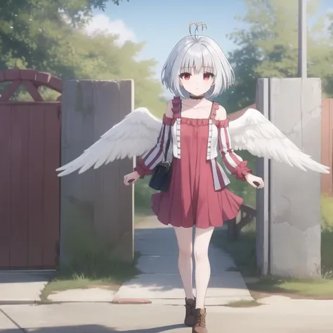 tny-fitoria, (casual clothes), silver hair, ahoge, triple ahoge, red eyes, short hair, white wings, small breasts, collarbone, full body, solo, 1girl, outdoors <lora:tny-fitoria-000003:0.8>
