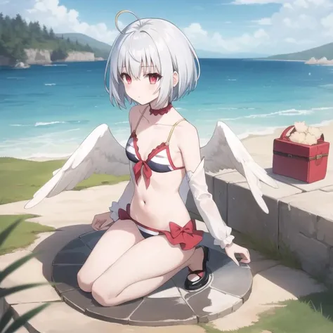 tny-fitoria, swimsuit, silver hair, ahoge, triple ahoge, red eyes, short hair, white wings, small breasts, collarbone, full body, solo, 1girl, outdoors <lora:tny-fitoria-000003:0.5>