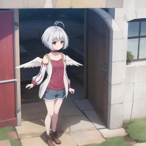 tny-fitoria, shirt shorts, silver hair, ahoge, triple ahoge, red eyes, short hair, white wings, small breasts, collarbone, full body, solo, 1girl, outdoors <lora:tny-fitoria-000003:0.8>
