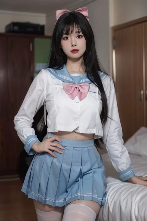 ltra-detailed,highly detailed,best quality,masterpiece,illustration,realistic,photorealistic,
hutao, solo, 1girl, cosplay, 
school uniform, sailor collar, serafuku, long sleeves, bowtie, pleated skirt, midriff peek, thighhighs, 
long hair, bangs, hair bow, 
looking at viewer, cowboy shot, standing, 
indoors, photo background, night, east asian architecture, bedroom, 
 <lora:hutao_jk_v1_03:0.7>