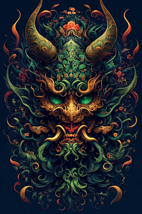 (masterpiece, top quality, best quality, official art, beautiful and aesthetic:1.2), a stunning art, abstract, flowery, centered, intricate, highly detailed, breathtaking beauty, precise line art, vibrant, comprehensive, cinematic, deep shadows, green Cthulhu <lora:Dhevv-HannyaMaskConcept:1.0>