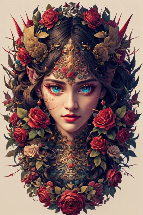 (masterpiece, top quality, best quality, official art, beautiful and aesthetic:1.2), a stunning art, abstract, flowery, centered, intricate, highly detailed, breathtaking beauty, precise line art, vibrant, comprehensive, cinematic, deep shadows, a brown briar with thorns and red roses <lora:Dhevv-HannyaMaskConcept:1.0>