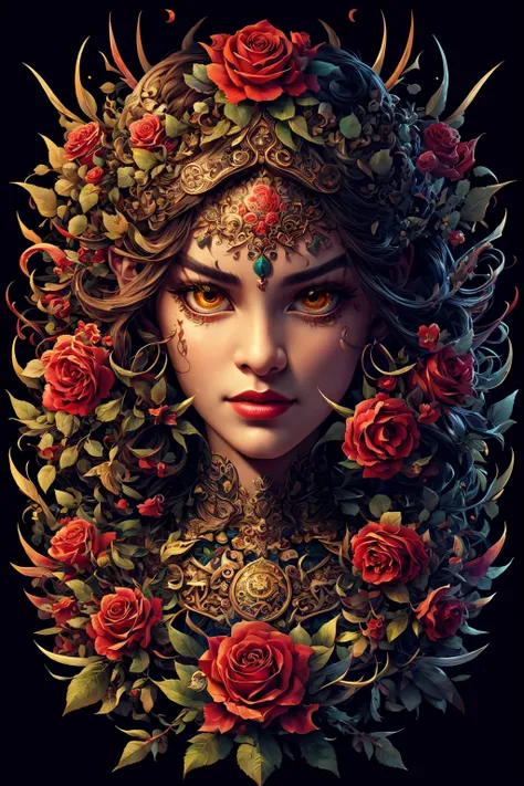 (masterpiece, top quality, best quality, official art, beautiful and aesthetic:1.2), a stunning art, abstract, flowery, centered, intricate, highly detailed, breathtaking beauty, precise line art, vibrant, comprehensive, cinematic, deep shadows, a brown briar with thorns and red roses <lora:Dhevv-HannyaMaskConcept:1.0>