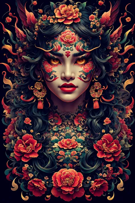 (masterpiece, top quality, best quality, official art, beautiful and aesthetic:1.2), a stunning art, abstract, flowery, centered, intricate, highly detailed, breathtaking beauty, precise line art, vibrant, comprehensive, cinematic, deep shadows, red geisha <lora:Dhevv-HannyaMaskConcept:1.0>