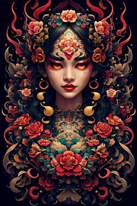 (masterpiece, top quality, best quality, official art, beautiful and aesthetic:1.2), a stunning art, abstract, flowery, centered, intricate, highly detailed, breathtaking beauty, precise line art, vibrant, comprehensive, cinematic, deep shadows, red geisha <lora:Dhevv-HannyaMaskConcept:1.0>