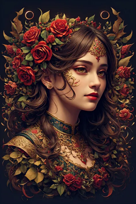 Beautiful girl, brunette, (((body from the knee up))), warm, slightly tanned skin, expressive face, crystal clear green eyes, detailed lashes and eyebrows, full red mouth, long curly black hair, dressed in the veil and dress detailed and intricate black on fine black tulle draped over the shoulders, profusion of delicate, iridescent and colorful crystal balls glued to the tulle and dress. Detailed studio dark background, red flowers, (((incidental white light in the hair))), image dazzles with beauty, in the highest quality, mesmerize, 8k, UHD.