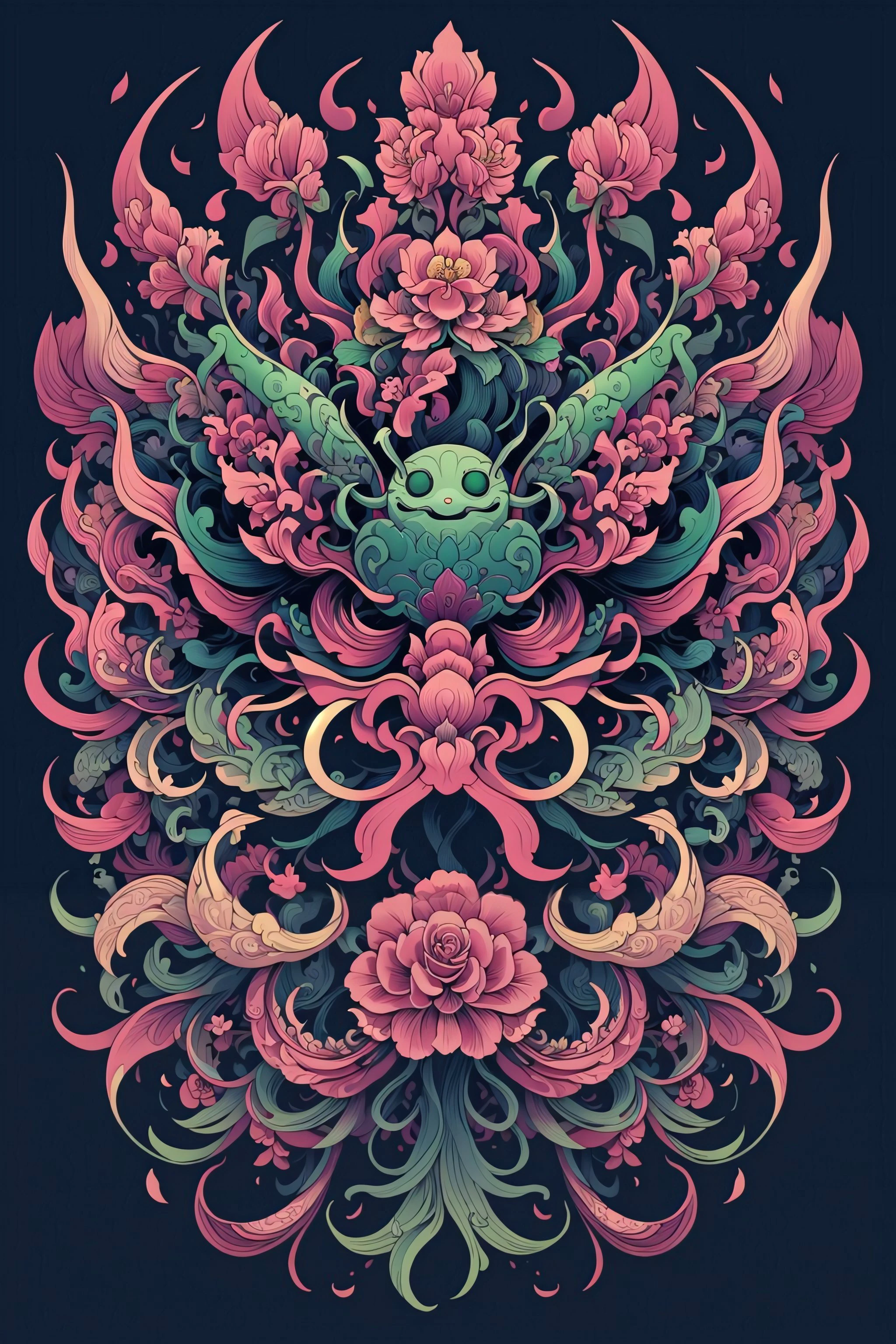 (masterpiece, top quality, best quality, official art, beautiful and aesthetic:1.2), a stunning art, abstract, flowery, centered, intricate, highly detailed, breathtaking beauty, precise line art, vibrant, comprehensive, cinematic, deep shadows, a green and pink Venus flytrap (no humans:2) <lora:Dhevv-HannyaMaskConcept:1.0>
