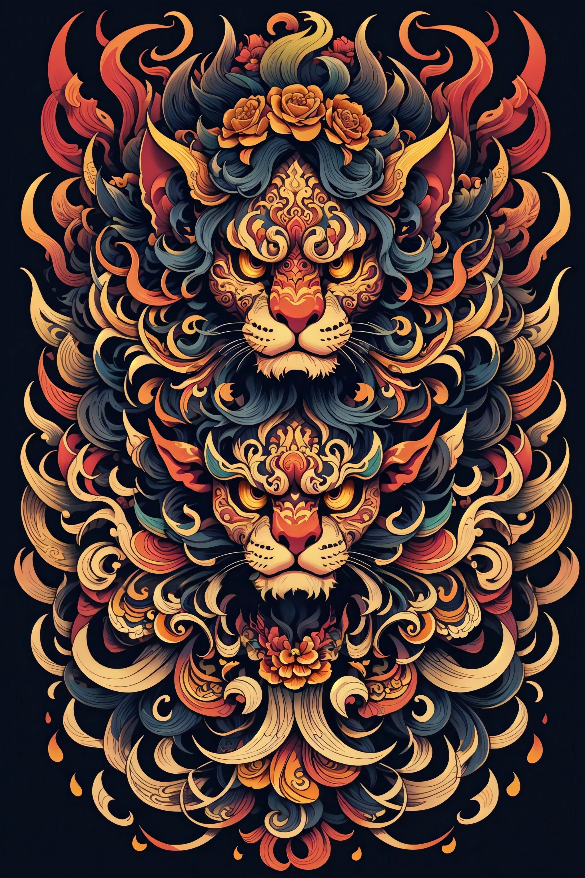 (masterpiece, top quality, best quality, official art, beautiful and aesthetic:1.2), a stunning art, abstract, flowery, centered, intricate, highly detailed, breathtaking beauty, precise line art, vibrant, comprehensive, cinematic, deep shadows, a yellow lion with an orange mane <lora:Dhevv-HannyaMaskConcept:1.0>