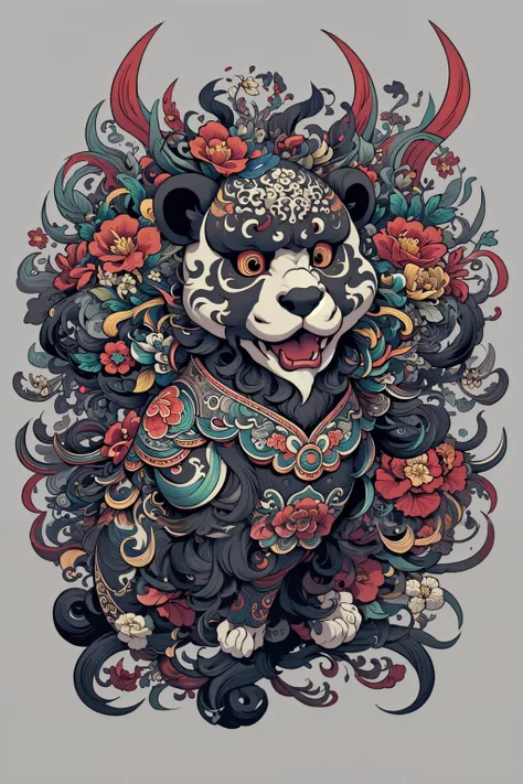 (masterpiece, top quality, best quality, official art, beautiful and aesthetic:1.2), a stunning art, abstract, flowery, centered, intricate, highly detailed, breathtaking beauty, precise line art, vibrant, comprehensive, cinematic, deep shadows, a black and white panda (no humans:2) <lora:Dhevv-HannyaMaskConcept:1.0>