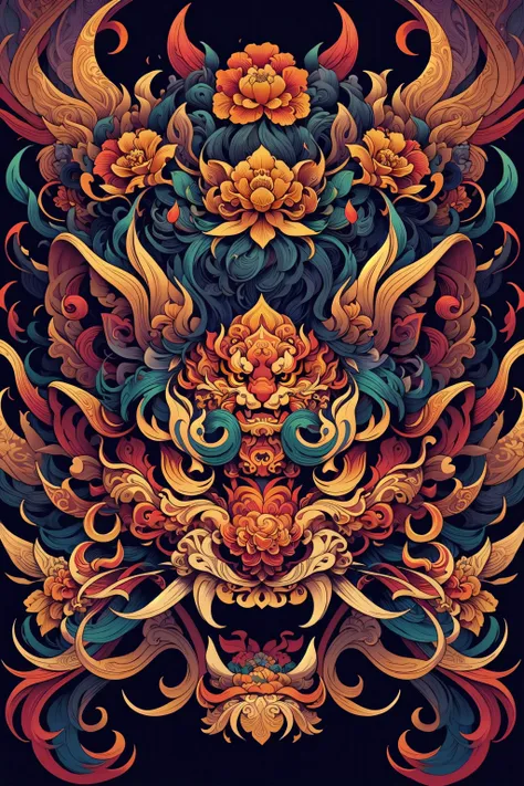 (masterpiece, top quality, best quality, official art, beautiful and aesthetic:1.2), a stunning art, abstract, flowery, centered, intricate, highly detailed, breathtaking beauty, precise line art, vibrant, comprehensive, cinematic, deep shadows, a yellow lion with an orange mane <lora:Dhevv-HannyaMaskConcept:1.0>