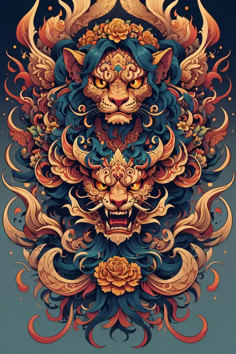 (masterpiece, top quality, best quality, official art, beautiful and aesthetic:1.2), a stunning art, abstract, flowery, centered, intricate, highly detailed, breathtaking beauty, precise line art, vibrant, comprehensive, cinematic, deep shadows, a yellow lion with an orange mane <lora:Dhevv-HannyaMaskConcept:1.0>