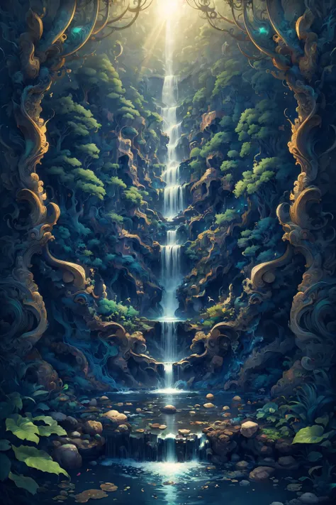 (masterpiece, top quality, best quality, official art, beautiful and aesthetic:1.2), a stunning art, abstract, centered, intricate, highly detailed, breathtaking beauty, precise line art, vibrant, comprehensive, cinematic, deep shadows, a blue waterfall in a green jungle <lora:Dhevv-HannyaMaskConcept:1.0>