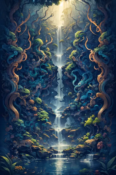 (masterpiece, top quality, best quality, official art, beautiful and aesthetic:1.2), a stunning art, abstract, centered, intricate, highly detailed, breathtaking beauty, precise line art, vibrant, comprehensive, cinematic, deep shadows, a blue waterfall in a green jungle <lora:Dhevv-HannyaMaskConcept:1.0>