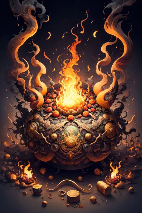(masterpiece, top quality, best quality, official art, beautiful and aesthetic:1.2), a stunning art, abstract, centered, intricate, highly detailed, breathtaking beauty, precise line art, vibrant, comprehensive, cinematic, deep shadows, a yellow campfire with gray smoke <lora:Dhevv-HannyaMaskConcept:1.0>