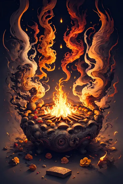 (masterpiece, top quality, best quality, official art, beautiful and aesthetic:1.2), a stunning art, abstract, centered, intricate, highly detailed, breathtaking beauty, precise line art, vibrant, comprehensive, cinematic, deep shadows, a yellow campfire with gray smoke <lora:Dhevv-HannyaMaskConcept:1.0>