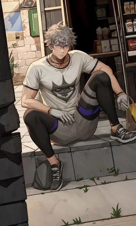 1boy,jiasi,bara,masterpiece,best quality,highres,looking_at_viewer,<lora:jiasi-11:1>,rim light,incredibly absurdres,grey shorts,in spring,convenience store,face_focus,