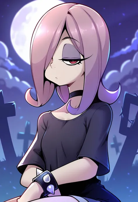 score_9, score_8_up, score_7_up, score_6_up, score_5_up, score_4_up, source_anime, sucy_manbavaran, 1girl, black shirt, choker, spiked bracelet, hair over one eye, purple hair, red eyes, half portrait, xyz, official_art, highres <lora:geewhy_xl5:1> geewhy_style, sitting, graveyard, sky, full moon, gothic
