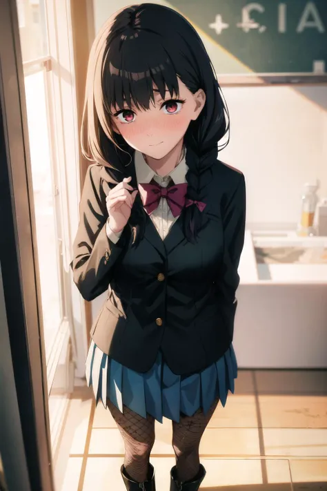 masterpiece, best quality,1girl,<lora:Loha:0.8>,chainsawman,
large breasts (eyes visible through hair)
pink eyes,
bright black hair,
long hair ,
short twin braid,
drill hair ,
blunt bangs,
hair flaps ,
:>,
nose blush ,
head_tilt standing
black blazer, school uniform, bowtie fishnet tights platform boots
Nazca terrestrial painting, warm light sunset, rays light sparkles lens flare deep shadows, depth of field peerless scenery sentimental