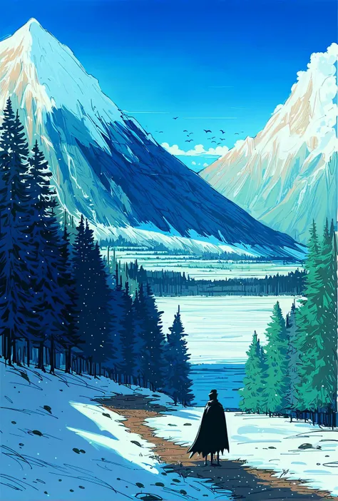 score_9,score_8_up,score_7_up,score_6_up,score_5_up,score_4_up 1girl,solo,1boy,standing,outdoors,sky,day,cloud,cape,tree,bird,animal,sunlight,cloudy sky,grass,nature,scenery,snow,forest,mountain,fantasy,landscape,mountainous horizon,flock <lora:ThePit_XL_Pony:0.8>