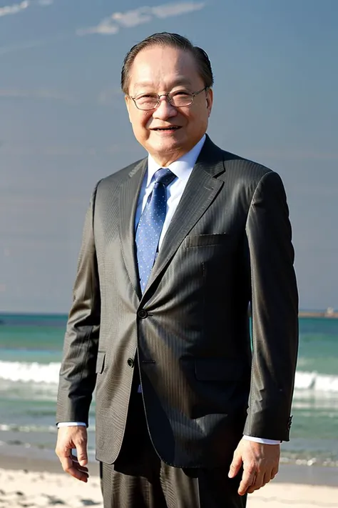 best quality, ultra high res, (photorealistic:1.4),(Grey suit:1.2),masterpiece, blurry background,1boy,standing at (beach), (looking at viewer), <lora:jinyong:0.8>