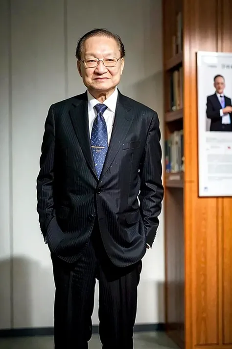 best quality, ultra high res, (photorealistic:1.4),(suit:1.2),masterpiece, blurry background,1boy,standing at (University classroom), (looking at viewer), <lora:jinyong:0.8>