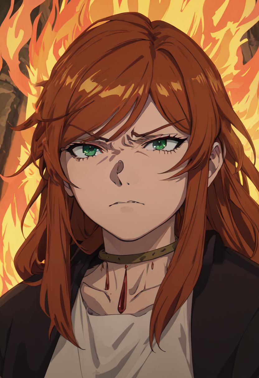 A woman with long red hair and green eyes standing in front of a fire ...