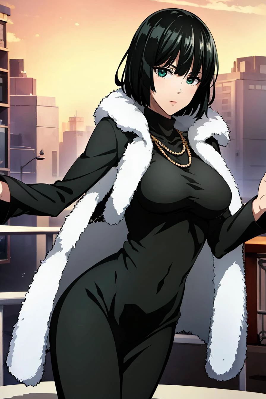 (masterpiece, best quality), 1girl, (solo), looking at viewer,
blush, closed mouth, valleys, cave pool,balcony,venusian evening star,
<lora:Ashiomi-Masato-v1:0.3>, large breasts,
<lora:fubuki_onepunch-KK77-V1:0.7> Green eyes, black hair,bangs,short hair, black dress, pencil dress, impossible dress, black_turtleneck, long sleeves, white fur coat,