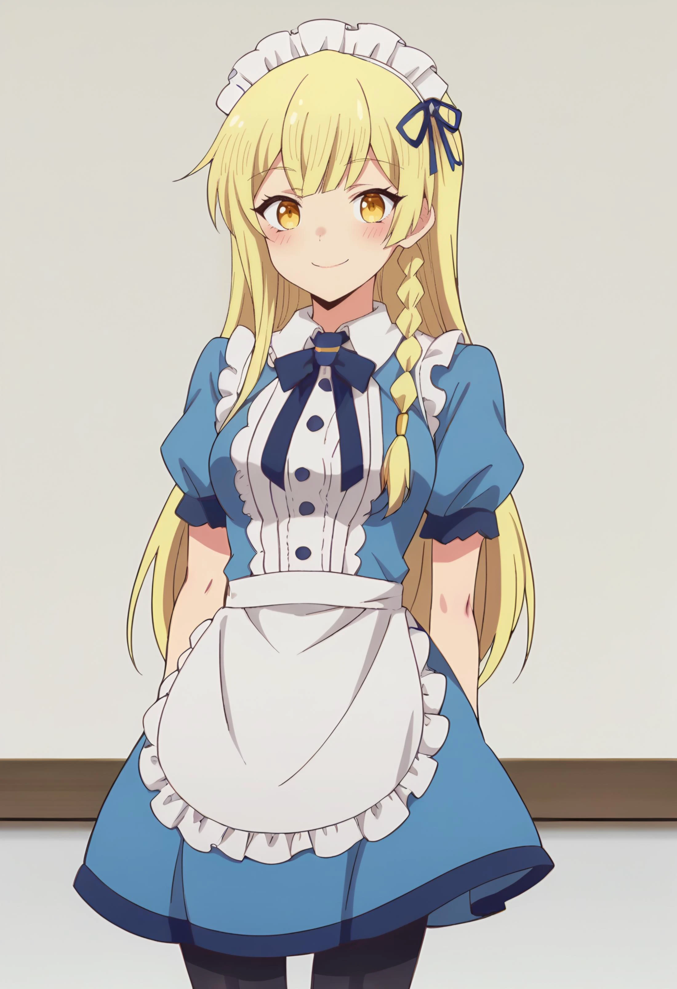 <lora:Balirossa:0.9> balirossa, blonde hair, long hair, 1girl, side braid, solo, yellow eyes, medium breasts, blush, <lora:cafe_terrace_maid:0.7>cafemaid, pantyhose, cowboy shot, close up, smile, score_9, score_7_up,anime coloring ,source_anime, anime