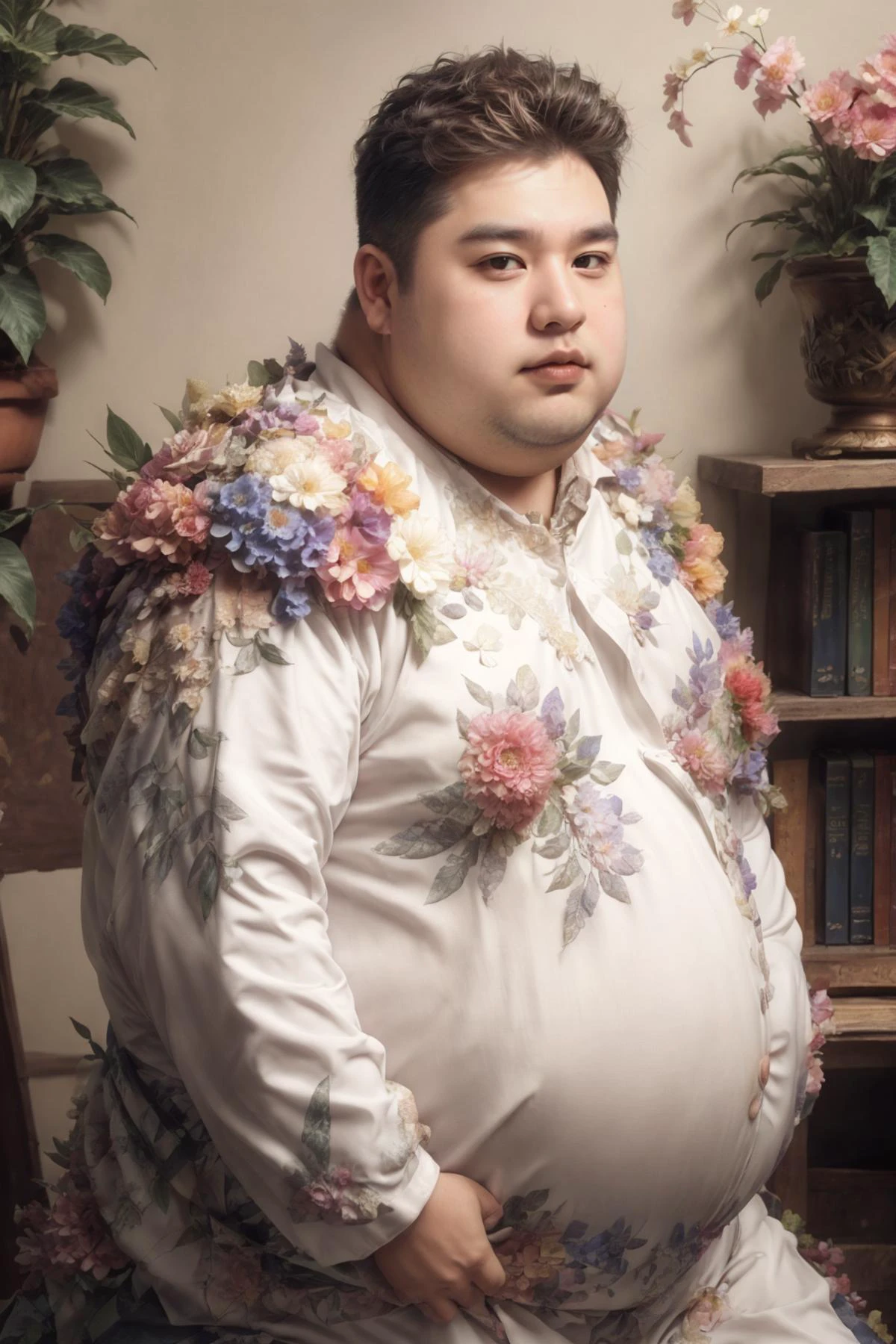 (Realistic),masterpiece,best quality,cinematic lighting,natural shadow,highest detail,professional photography,detailed background,depth of field,insane details,intricate,aesthetic,detailed face,subsurface scattering,realistic hair,realistic eyes,Crane Shot,
1boy,masculine,photo of a fat boy,Bald or shaved head,Bronze hair,
<lora:weight_slider_v2:3>,<lora:muscle_slider_v1:-0.5>,
<lora:add_detail:1>,
<lora:æ³å
:0.3>,
<lora:Neobro2:0.8>,
<lora:Clothing - Flower Armor:0.8>,flower4rmor,flower,flower bodysuit,