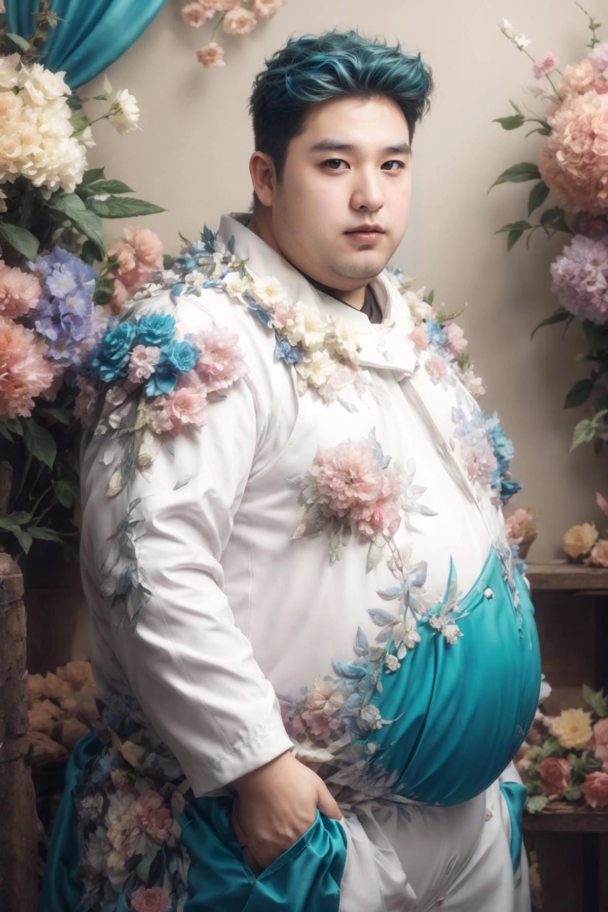 (Realistic),masterpiece,best quality,cinematic lighting,natural shadow,highest detail,professional photography,detailed background,depth of field,insane details,intricate,aesthetic,detailed face,subsurface scattering,realistic hair,realistic eyes,Wide shot,
1boy,masculine,photo of a fat boy,Slicked back,Teal hair,
<lora:weight_slider_v2:3>,<lora:muscle_slider_v1:-0.5>,
<lora:add_detail:1>,
<lora:æ³å
:0.3>,
<lora:Neobro2:0.8>,
<lora:Clothing - Flower Armor:0.8>,flower4rmor,flower,flower exosuit,