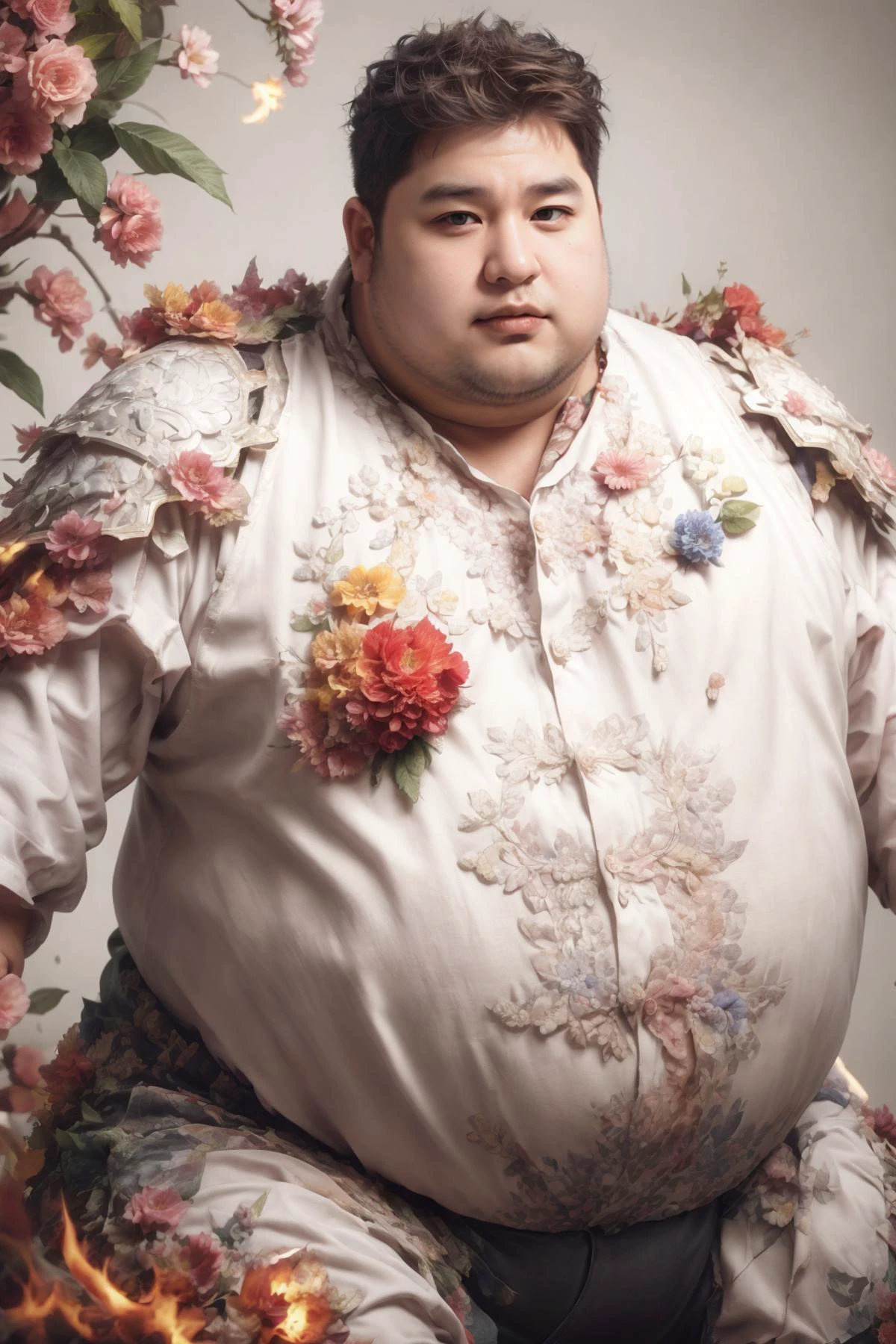 (Realistic),masterpiece,best quality,cinematic lighting,natural shadow,highest detail,professional photography,detailed background,depth of field,insane details,intricate,aesthetic,detailed face,subsurface scattering,realistic hair,realistic eyes,Bird's Eye View,
1boy,masculine,photo of a fat boy,Bald or shaved head,Fiery red hair,
<lora:weight_slider_v2:3>,<lora:muscle_slider_v1:0.5>,
<lora:add_detail:1>,
<lora:æ³å
:0.3>,
<lora:Neobro2:0.8>,
<lora:Clothing - Flower Armor:0.8>,flower4rmor,flower,flower warrior armor,