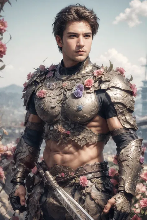 (Realistic),masterpiece,best quality,cinematic lighting,natural shadow,highest detail,professional photography,detailed background,depth of field,insane details,intricate,aesthetic,detailed face,subsurface scattering,realistic hair,realistic eyes,Wide shot,
1boy,masculine,photo of a boy,handsome male,young guy,Quiff,Metallic gold hair,
<lora:weight_slider_v2:0.5>,<lora:muscle_slider_v1:2>,
<lora:add_detail:1>,
<lora:æ³å
:0.3>,
<lora:Neobro2:0.8>,
<lora:Clothing - Flower Armor:0.8>,flower4rmor,flower,flower warrior armor,