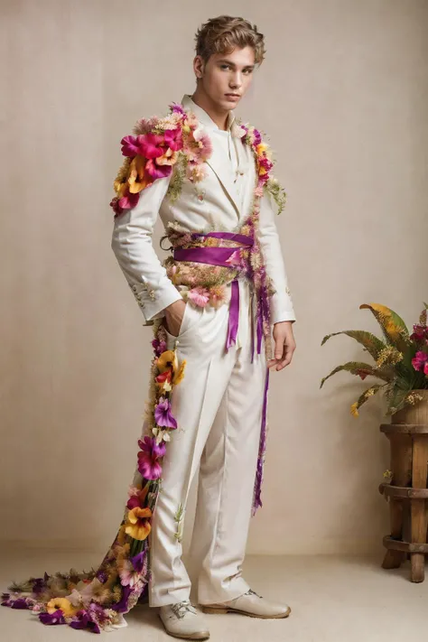 (full body), dynamic pose, male focus, photo of <lora:LarsNorgaard:0.85 > LarsNorgaard, relaxed natural expression, BREAK heroic, charming, regal <lora:Clothing - Flower Armor:0.8> flower4rmor tailored couture suit, tropical vibrance, orchids, birds of paradise, hibiscus, monstera, palm leaves, thin bamboo sticks, colorful wrap, bold colors, exotic beauty BREAK (dreamy and moody aesthetic), soft diffused natural lighting, shot by Robert Maplethorpe