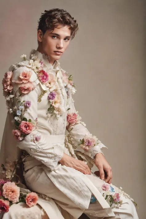 dynamic pose, male focus, photo of <lora:LarsNorgaard:0.75 > LarsNorgaard, (smirk:0.5), BREAK heroic, charming, regal <lora:Clothing - Flower Armor:0.8> flower4rmor couture, white roses, peonies, lilies, eucalyptus ferns, lace ribbon, pearl strings BREAK (dreamy and moody aesthetic), soft diffused natural lighting, shot by Annie Leibovitz, Vivienne Westwood